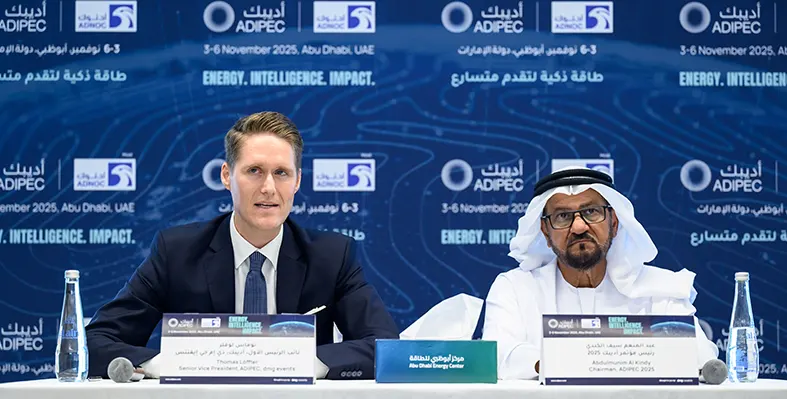 Thomas Loffler, senior vice president – ADIPEC, dmg events and Abdulmunim Al Kindy, chairman, ADIPEC 2025. (Image source: dmg events) ADIPEC_officials_addressing_media_briefing