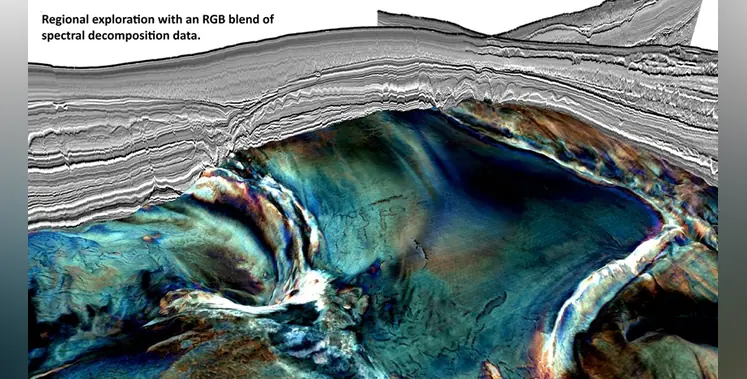 Regional exploration with an RGB blend of spectral decomposition data. (Image source: DUG) ORME DUG August 01 reduced